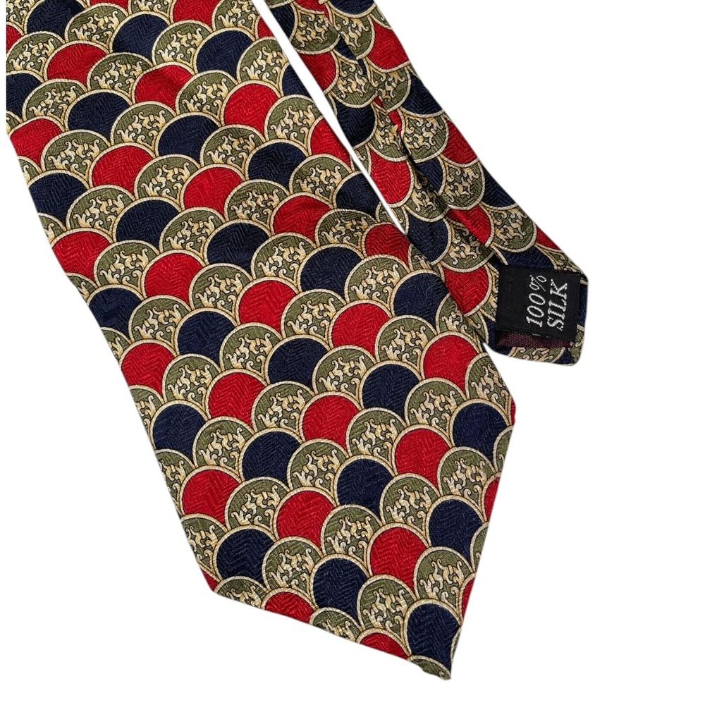 Oscar de la Renta Red Blue Silk Tie Scalloped Fan Pattern Classic Preppy